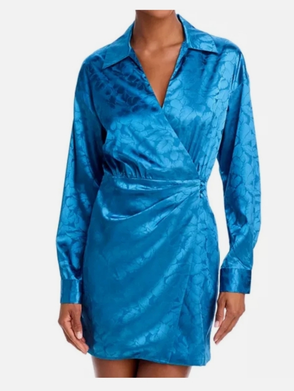New!Aqua Peacock Satin Wrap-Style Mini Long Sleeve Floral Dress Chic Y2K Cottage